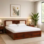 Modern sheesham wood king size bed with storage and elegant headboard design india