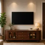 Minimalist walnut finish tv unit with storage for large screen tv in india