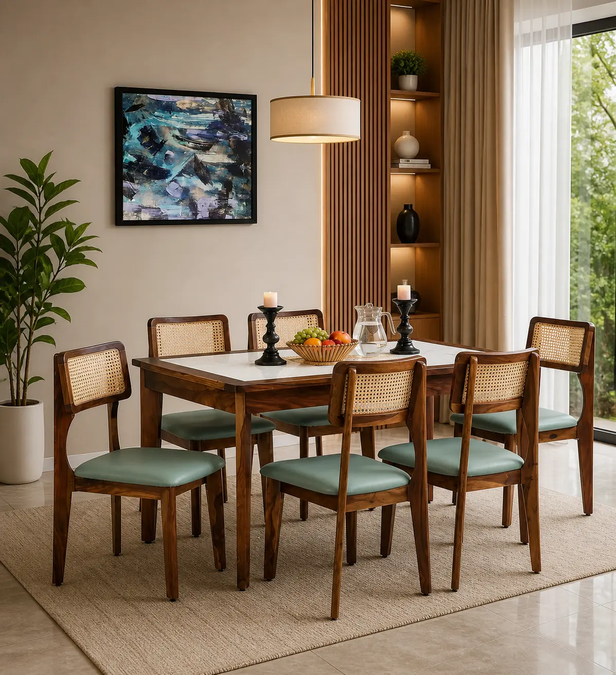 best-wooden-dining-table-set-for-small-and-large-family-in-india.webp Uorixa Solid Wood Dining Table Set with Cushioned Seating in Natural Finish - Image 1