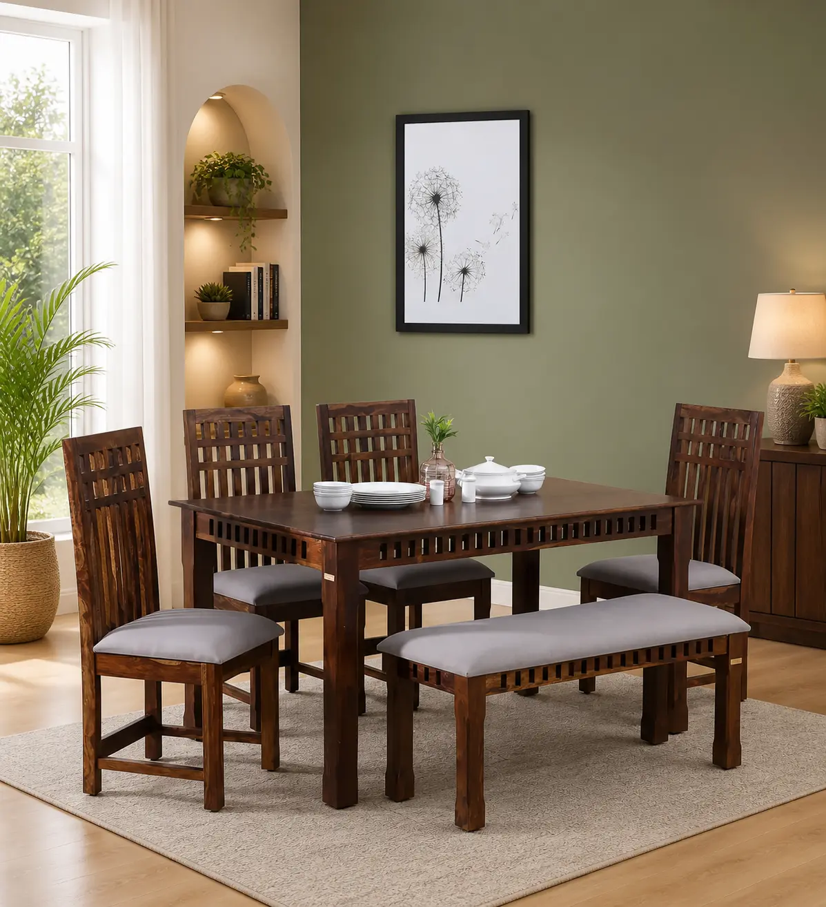 Vrusilla-Sheesham-Wood-6-Seater-Dining-Set-In-Provincial-Teak-Finish-With-Bench-classic-wood-1.webp Vrusilla Sheesham Wood 6 Seater Dining Set In Provincial Teak Finish With Bench - Image 1