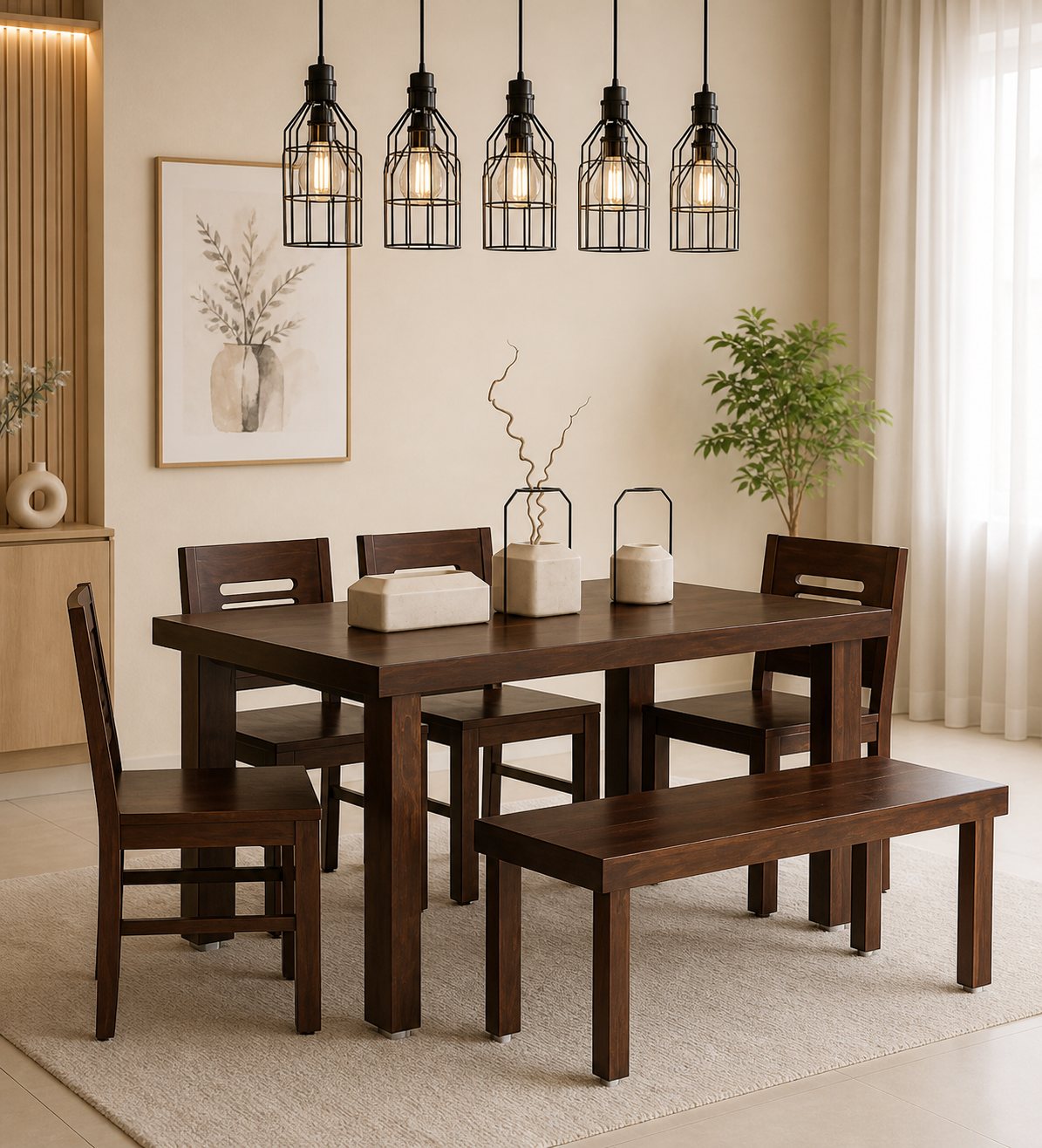 Aelmora-Solid-Sheesham-Wood-Dining-Table-Set-for-6-with-Bench-in-Classic-Finish-classic-wood-1.png Dlvora Sheesham Wood 6 Seater Dining Set with Bench and Cushioned Chairs - Image 1