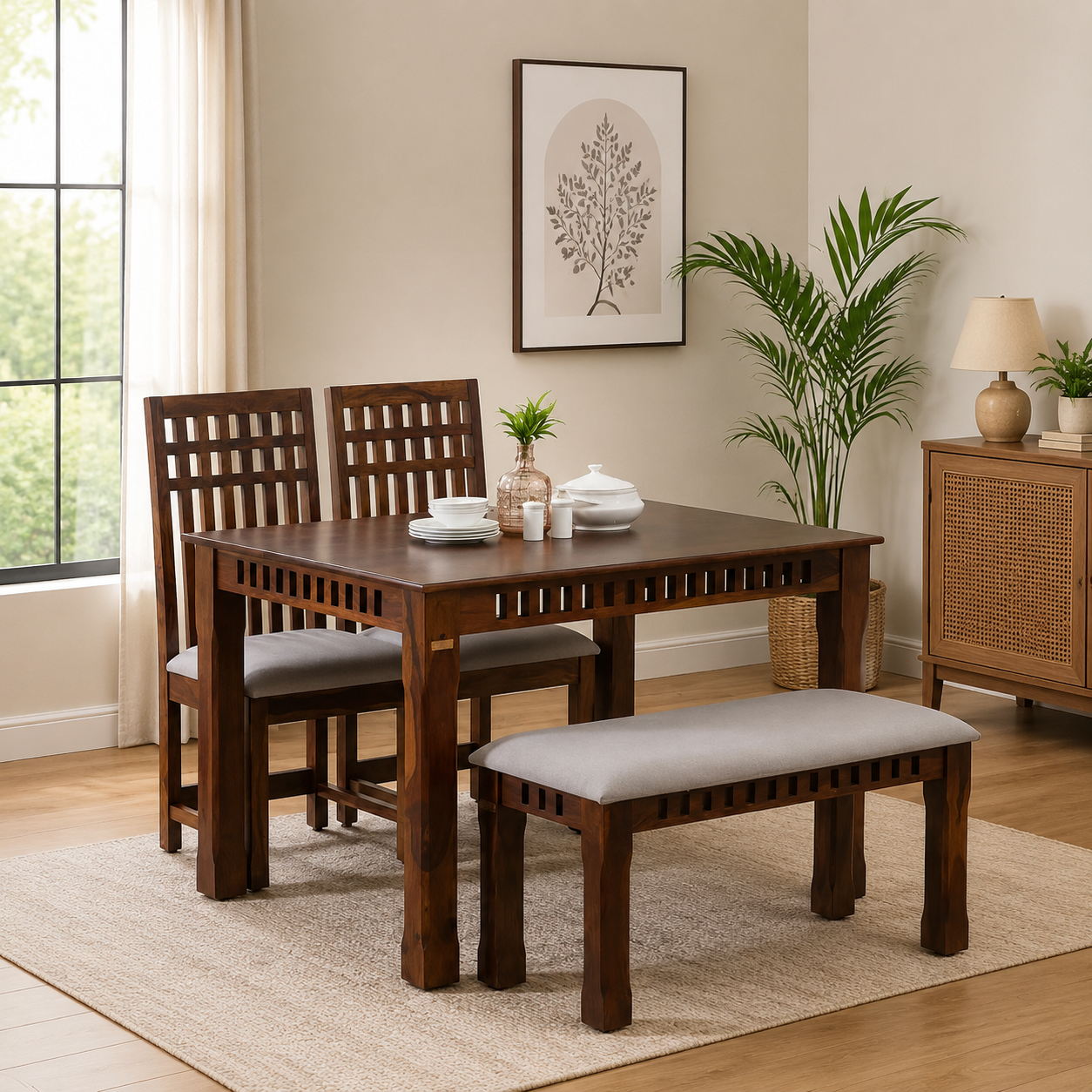 Sistel-Sheesham-Wood-4-Seater-Dining-Set-In-Scratch-Resistant-Provincial-Teak-Finish-With-Marble-Top-classic-wood-13.webp Sistel Sheesham 4 Seater Dining Set, Provincial Teak - Image 1