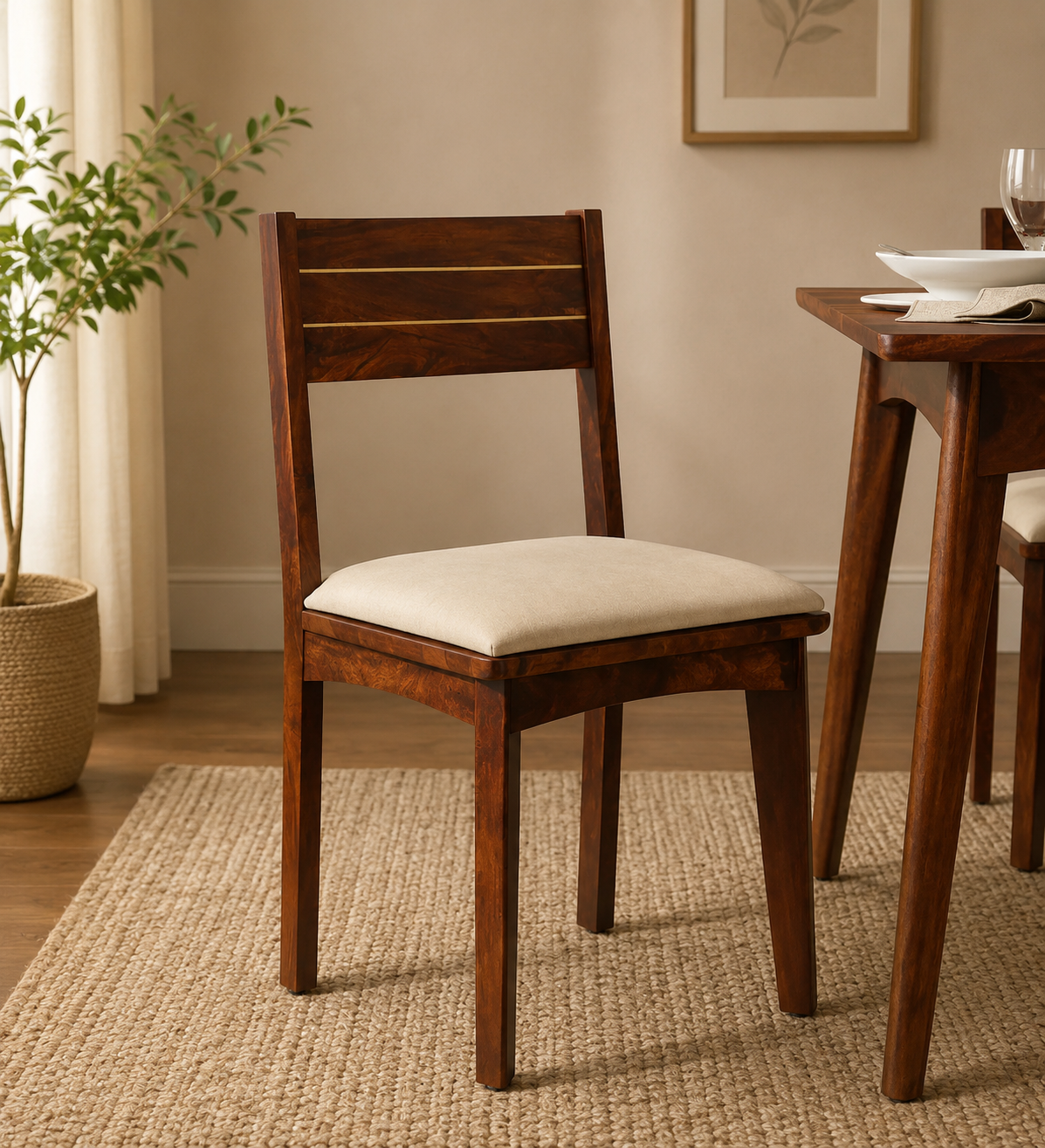 Classicwood-1-27.png Nain Sheesham Cushioned Dining Chair, Brass Inlay - Image 1