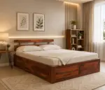 Naple Finish Queen Size Wooden Storage Bed with Modern Minimal Design