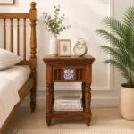 Fhuya Acacia Wood Bedside Table in Raw Honey Finish with Cabinet