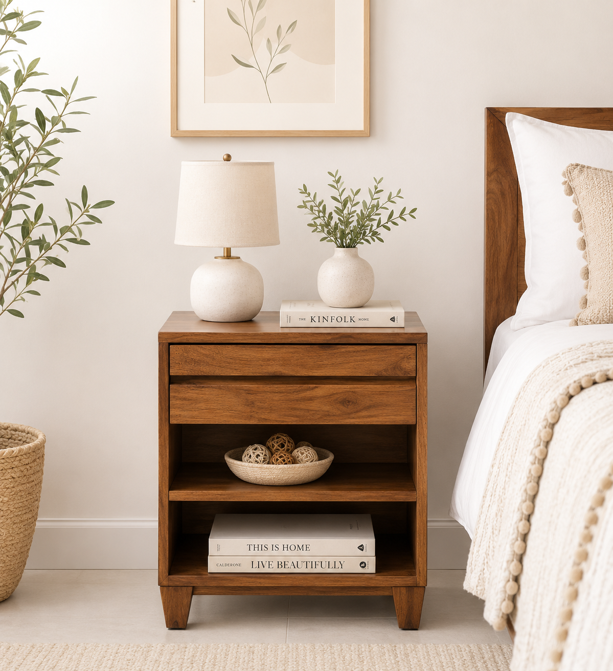 classic-wood-1-23.webp Kroven Acacia Wood Nightstand in Rustic Loam Finish with Drawer - Image 1
