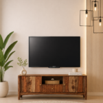 Nestara Solid Wood TV Cabinet with Glass Shutter Doors in Warm Chestnut