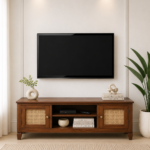 Pebblex Solid Acacia Wood TV Unit with Stone Texture Base in Pebble Grey
