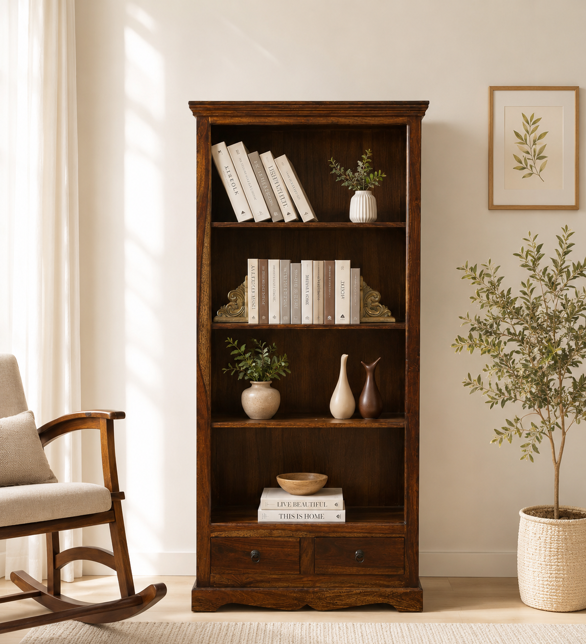 Mudrika-Sheesham-Wood-Bookshelf-with-Hand-Carved-Panel-Sides-in-Raw-Brow-1.png Mudrika Sheesham Wood Bookshelf with Hand Carved Panel Sides in Raw Brown - Image 1