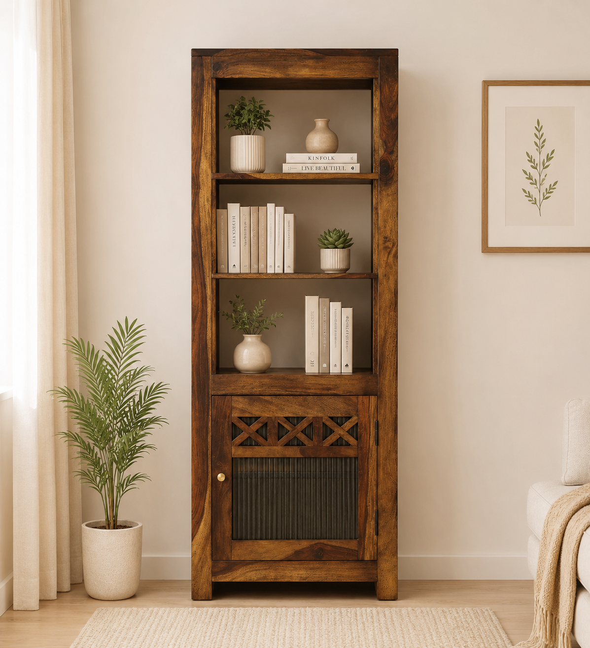 Varunex-Mango-Wood-Bookshelf-with-Waterfall-Edge-Top-in-Blue-Wash-Finis-1.png Varunex Mango Wood Bookshelf with Waterfall Edge Top in Blue Wash Finish - Image 1