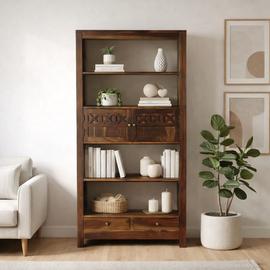 Kramik-Solid-Sheesham-Wood-Bookshelf-in-Natural-Oak-Finish-classic-wood-1.png Kramik Solid Sheesham Wood Bookshelf in Natural Oak Finish - Image 1