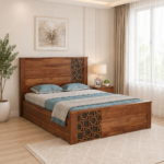 Jorwin Sheesham Solid Wood Queen Size Hydraulic Storage Bed in Light Oak Finish